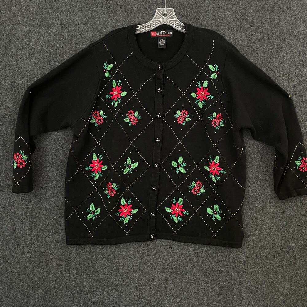 IB Diffusion Holiday Cardigan Sweater Women’s 3X Black Poinsettia Beaded